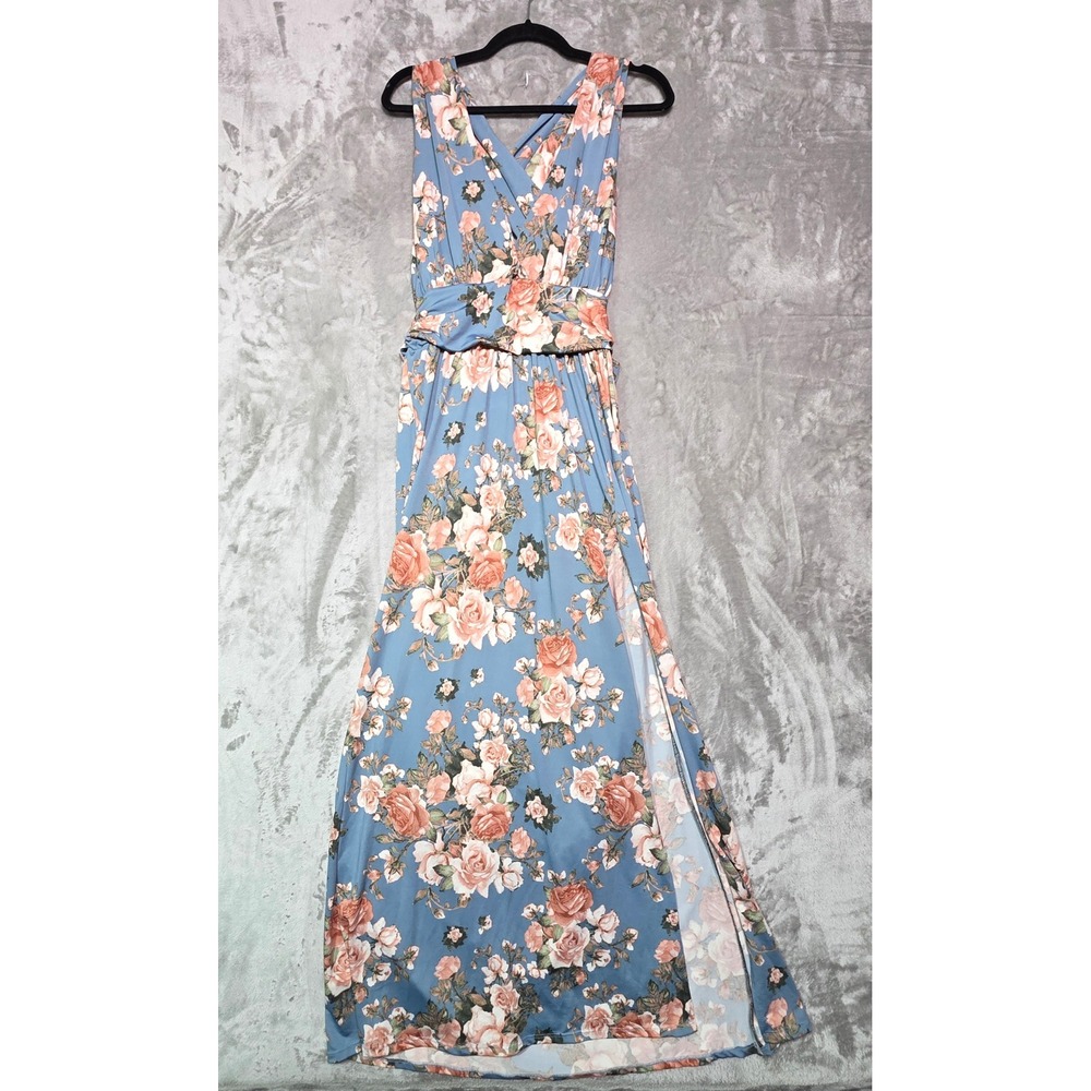 Kimcine Curve Floral Maxi Dress Blue Peach Sleeveless Open Back Slit D22985 L